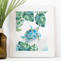 Watercolor Sea Turtle and Monstera Leaves