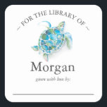 Watercolor Sea Turtle Bookplate Square Sticker<br><div class="desc">Baby shower bookplate sticker featuring watercolor tropical sea turtle in shades of turquoise. Use the template fields to add your personalization in charcoal grey over a white background. A great addition for baby's first library or use as a custom "This Book Belongs To" sticker. Pair's beautifully with my matching Bring...</div>