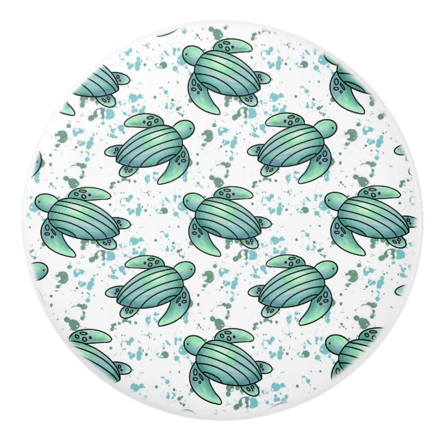 watercolor sea turtle green blue pattern animal ceramic knob (Front)