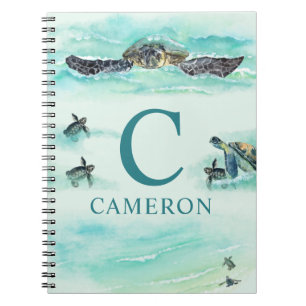 Watercolor Sea Turtle Monogram Name Turquoise Notebook