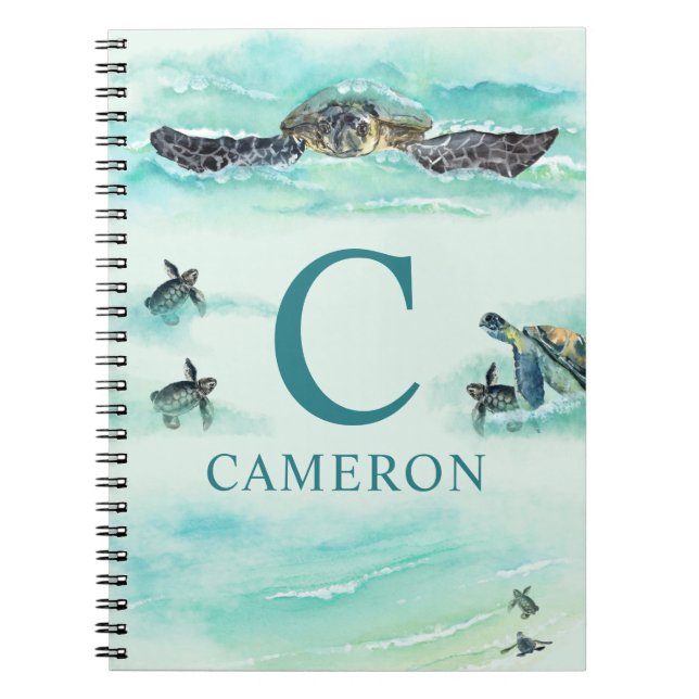 Watercolor Sea Turtle Monogram Name Turquoise Notebook (Front)