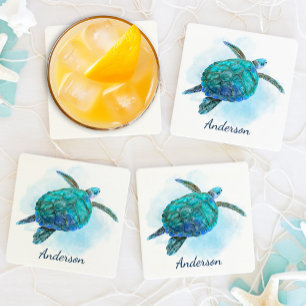 Watercolor Sea Turtle Nautical Coastal Ocean Coaster