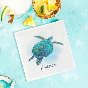 Watercolor Sea Turtle Ocean Aqua Blue Napkin