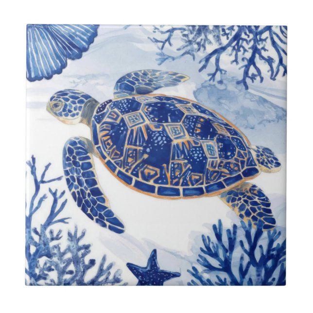 Watercolor Sea Turtle Ocean Blue Tile (Front)