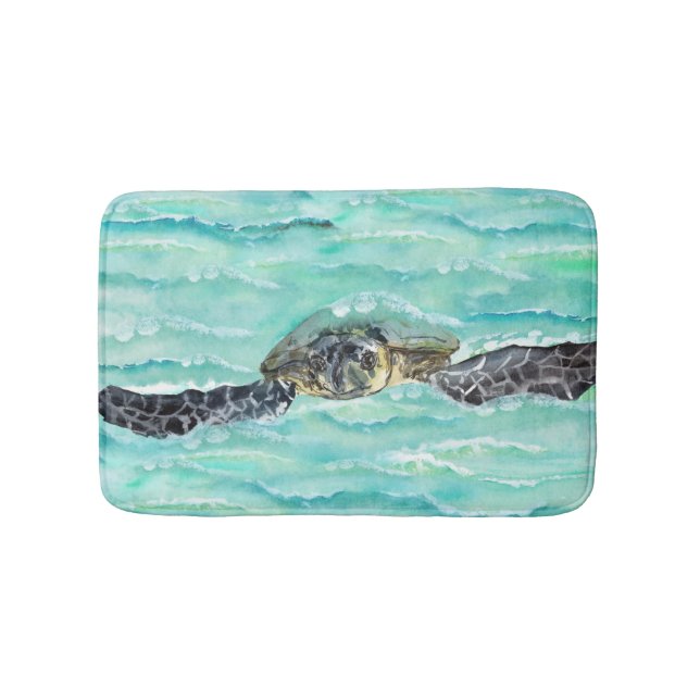 Watercolor Sea Turtle Ocean Swim Bath Mat (Front)