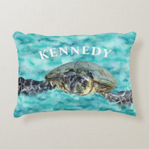 Watercolor Sea Turtle Ocean Swim Personalized Accent Pillow
