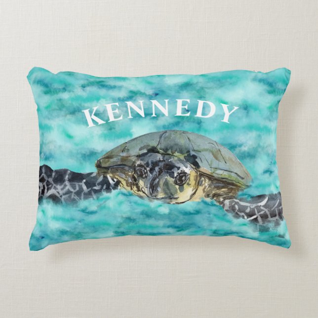 Watercolor Sea Turtle Ocean Swim Personalized Accent Pillow (Front)