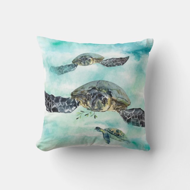 Watercolor Sea Turtle Ocean Swim Throw Pillow (Front)