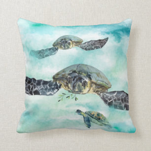 Watercolor Sea Turtle Ocean Swim Throw Pillow
