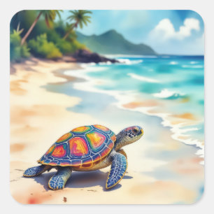 Watercolor Sea Turtle On a Beach Square Sticker
