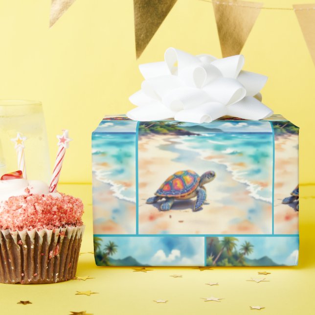 Watercolor Sea Turtle On a Beach Wrapping Paper (Birthday Party)