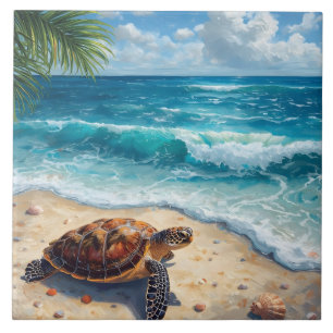 Watercolor Sea Turtle on Sandy Tropical Beach  Tile