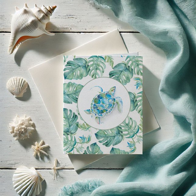 Watercolor Sea Turtle Palm Leaves Thank You Card (Sea turtle and monstera leaf notecards watercolor art by Victoria Grigaliunas of Do Tell A Belle)