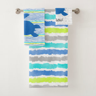 Watercolor Sea Turtle Shibori Stripe Coordinate Bath Towel Set
