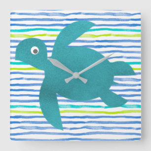 Watercolor Sea Turtle Shibori Stripe Square Wall Clock