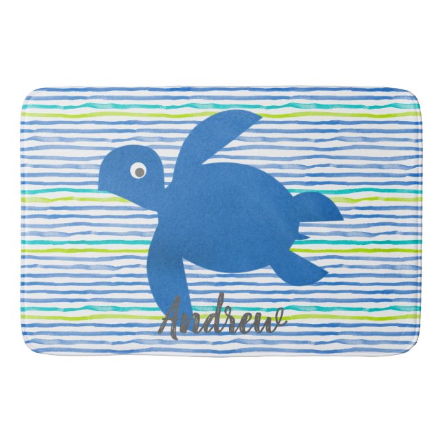 Watercolor Sea Turtle Shibori Striped Bath Mat (Front)