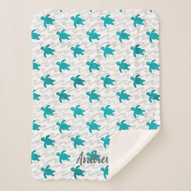 Watercolor Sea Turtle Shibori Wave Sherpa Blanket (Front)