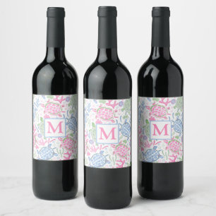 Watercolor Sea Turtles Ocean Monogram Coastal Wine Label