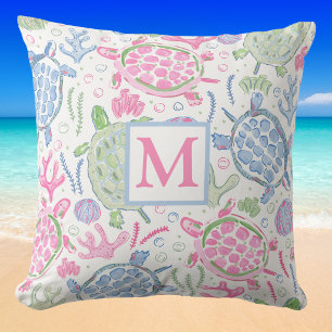 Watercolor Sea Turtles Ocean Monogram Throw Pillow