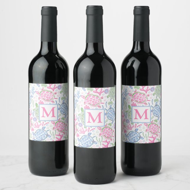 Watercolor Sea Turtles Ocean Monogram Wine Label (Bottles)