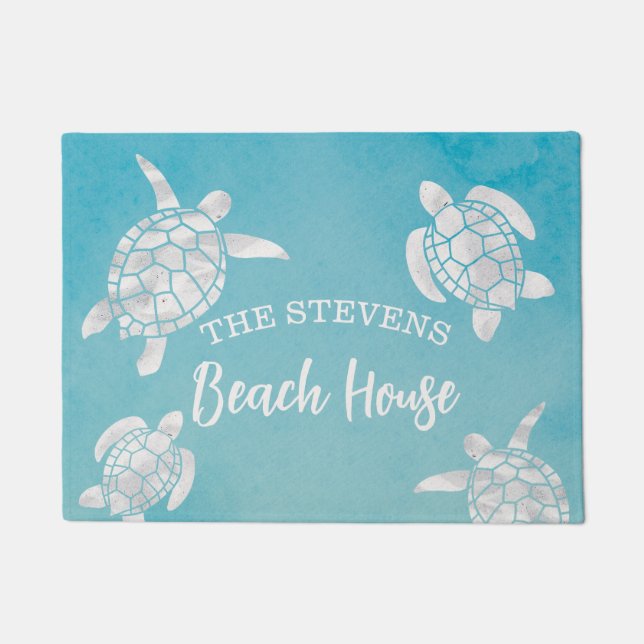 Watercolor Sea Turtles Teal Blue Personalized Doormat (Front)