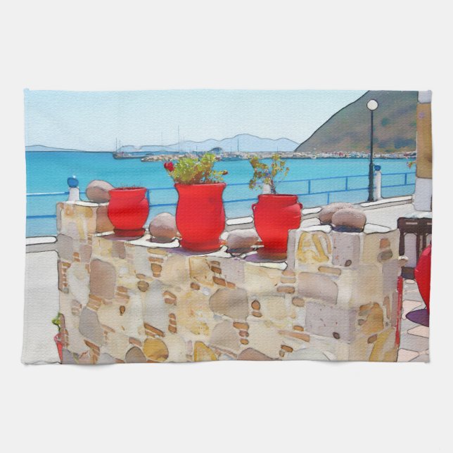 Watercolor sea view kitchen towel (Horizontal)