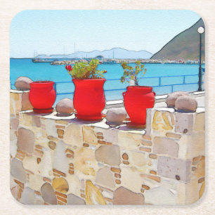 Watercolor sea view square paper coaster