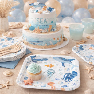 watercolor Sea You Soon Coastal Baby Shower Paper Plate