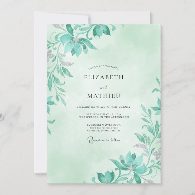 Watercolor Seafoam Painted Leaf Wedding Invitation (Front)