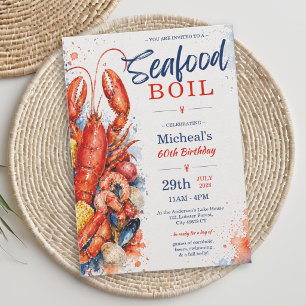 Watercolor Seafood Boil 60th Birthday Invitation