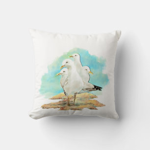 Watercolor Seagull Family Birds Throw Pillow