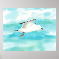 Watercolor Seagull in the Rain Blue Lake Art