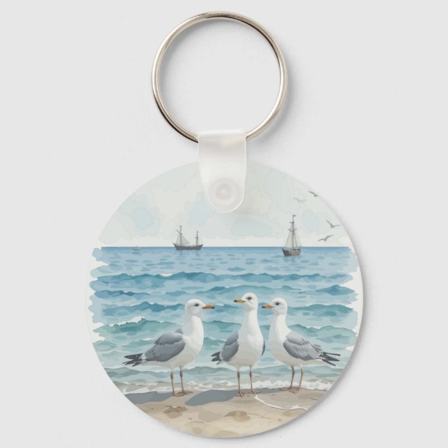  Watercolor Seagulls at the Beach Coastal Custom Keychain (Front)