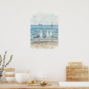  Watercolor Seagulls at the Beach Coastal Custom Poster