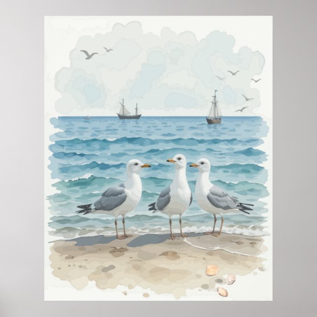  Watercolor Seagulls at the Beach Coastal Ocean Poster (Front)