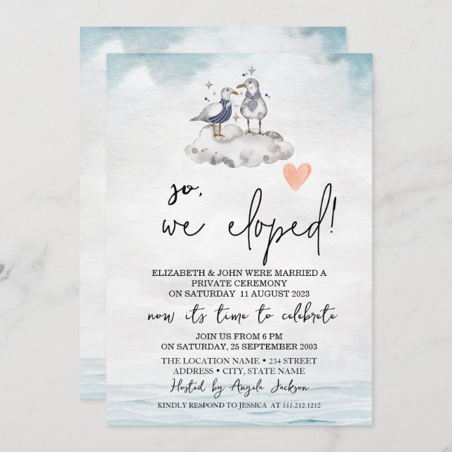 Watercolor Seagulls Beach Wedding Elopement   Invitation (Front/Back)