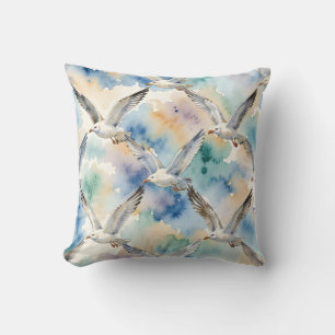 Watercolor Seagulls Seamless Pattern Coastal Home Throw Pillow