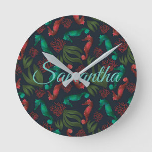 Watercolor Seahorse Blue Nautical Personalized  Round Clock