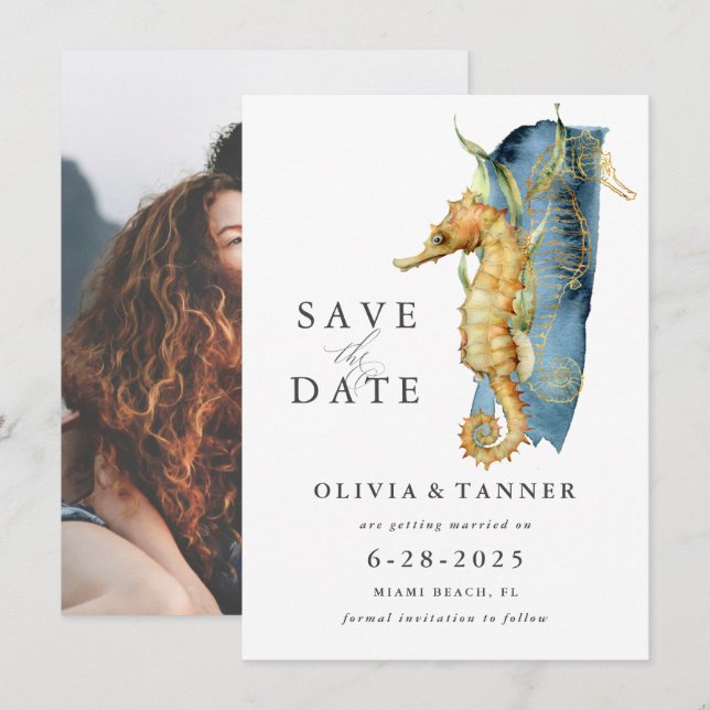 Watercolor Seahorse Coastal Theme Save the Date Invitation (Front/Back)