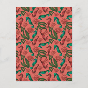 Watercolor Seahorse Coral Nautical Pattern  Postcard