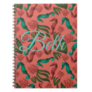 Watercolor Seahorse Coral Nautical Personalized Notebook