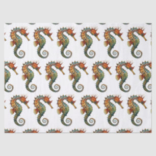 Watercolor Seahorse Green Orange Pattern Decoupage Tissue Paper
