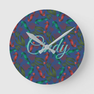 Watercolor Seahorse Indigo Nautical Personalized Round Clock