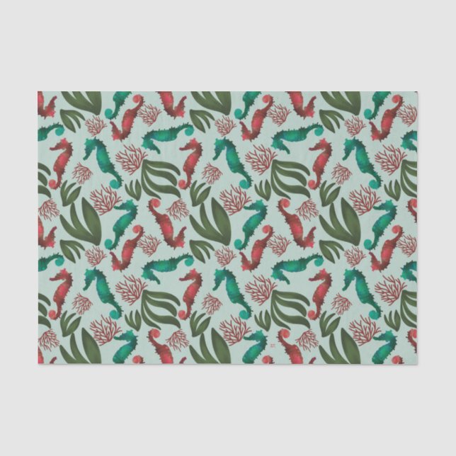 Watercolor Seahorse Mint Nautical Pattern Tissue Paper (Front)