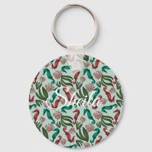 Watercolor Seahorse Mint Nautical Personalized Keychain