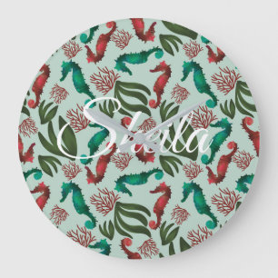 Watercolor Seahorse Mint Nautical Personalized Large Clock
