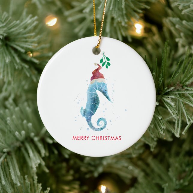Watercolor Seahorse Mistletoe Nautical Named Ceramic Ornament (Tree)