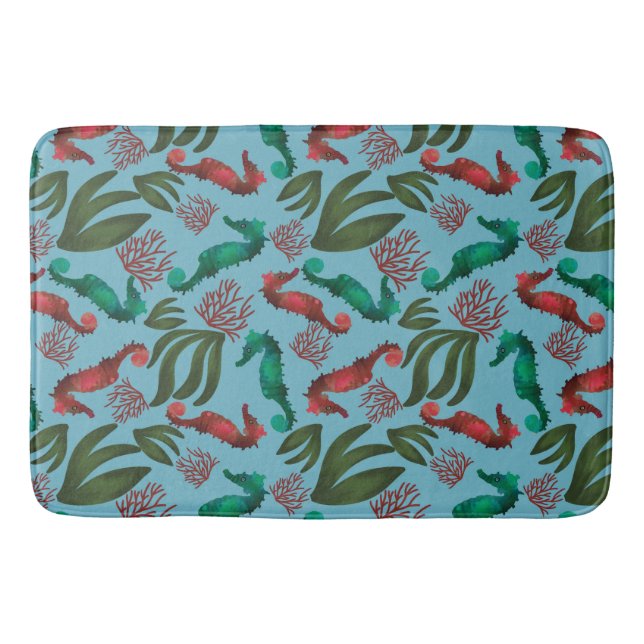 Watercolor Seahorse Nautical Pattern Bath Mat (Front)