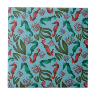 Watercolor Seahorse Nautical Pattern Tile