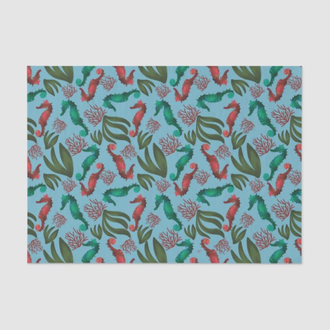 Watercolor Seahorse Nautical Pattern Tissue Paper (Front)